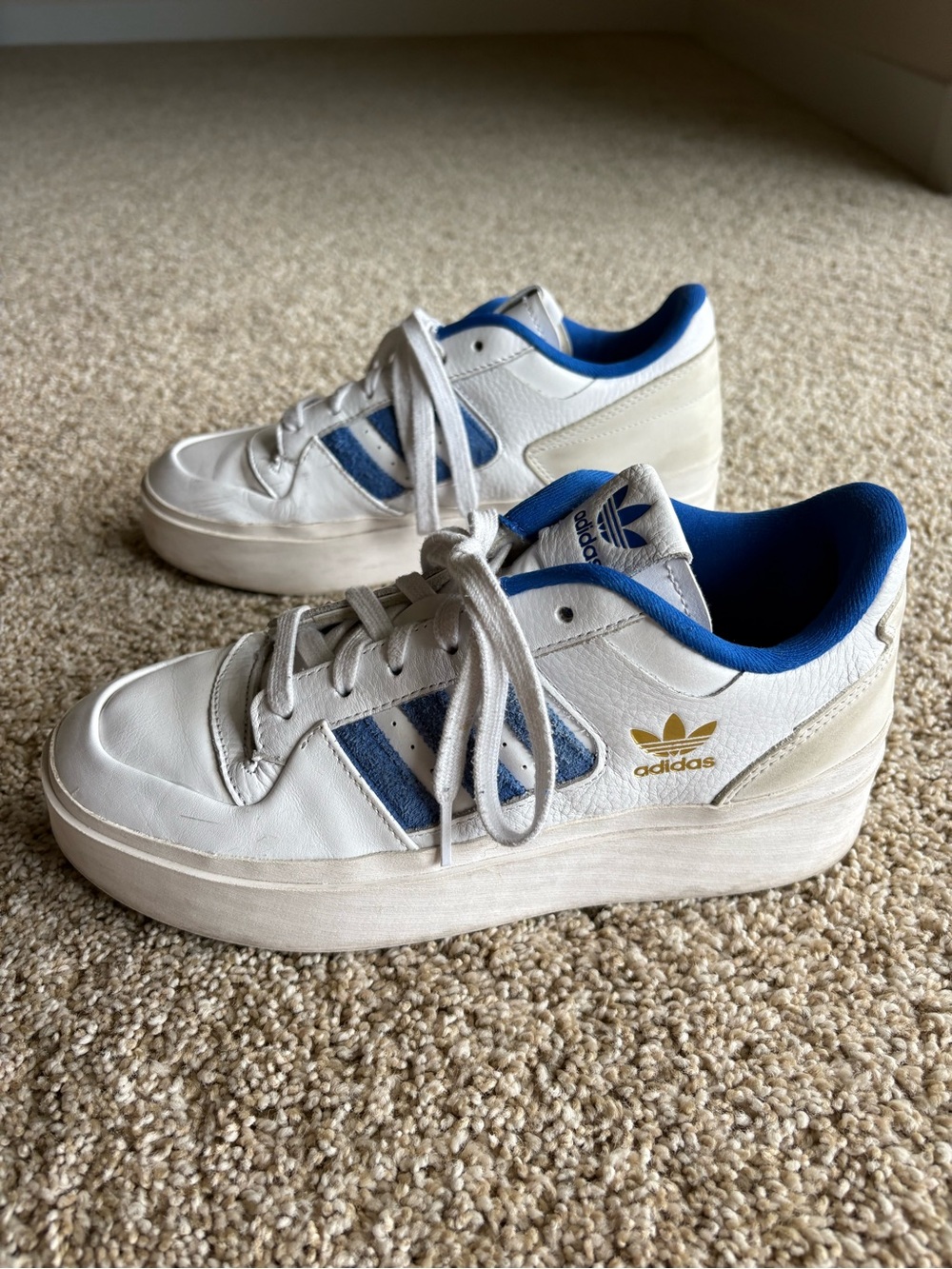 adidas White Leather Platform Sneakers with Blue Stripes and Gold Logo